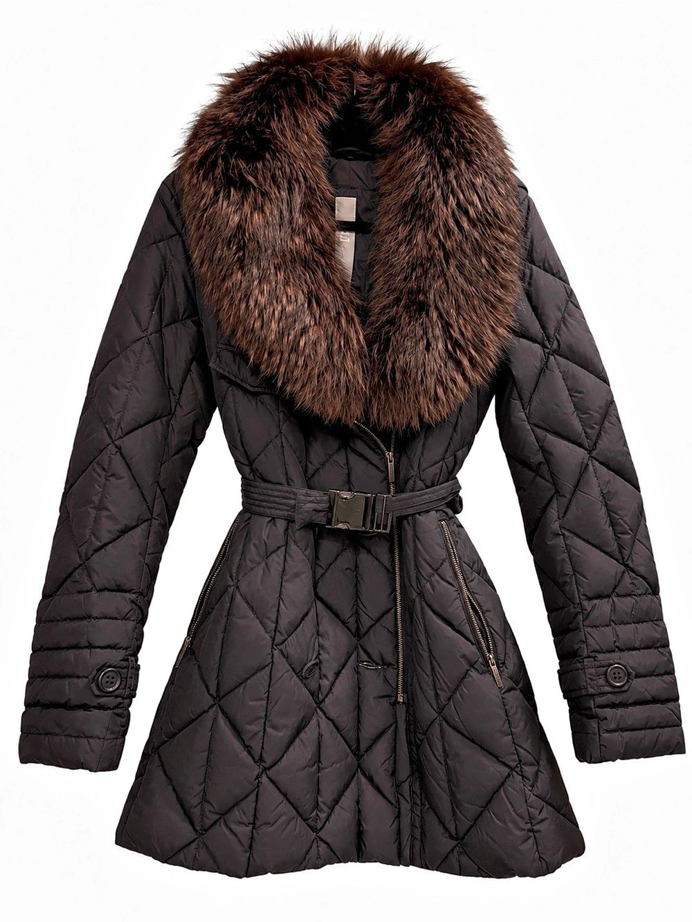 Add Quilted Belted Down Coat with Real Fur Collar